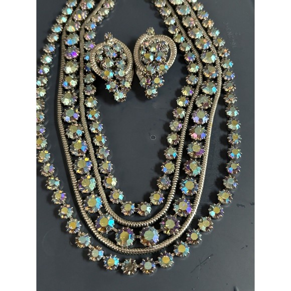 VTG HATTIE CARNEGIE BLUE AURORA BOREALIS & BLUE RHINESTONE NECKLACE EARRINGS - Picture 2 of 8